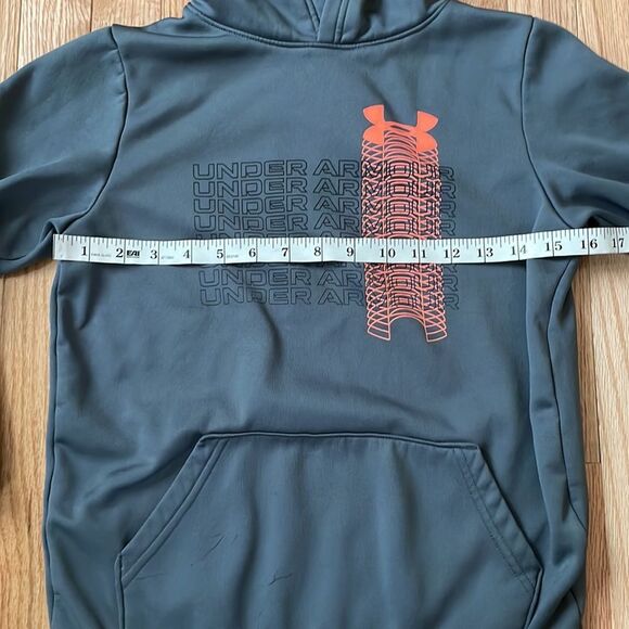Under Armour Sweater Girls Medium Gray Orange Spell Out Logo Sweatshirt Hoodie - Picture 2 of 12